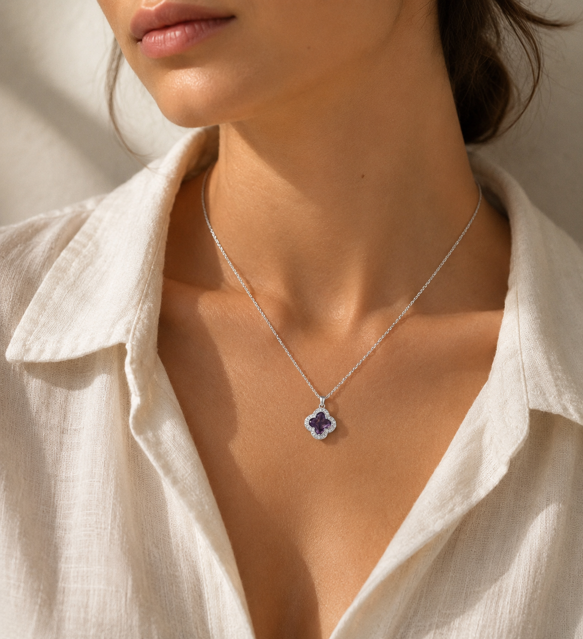 Amethyst Clover Pendant Necklace | Elegant Floral Statement