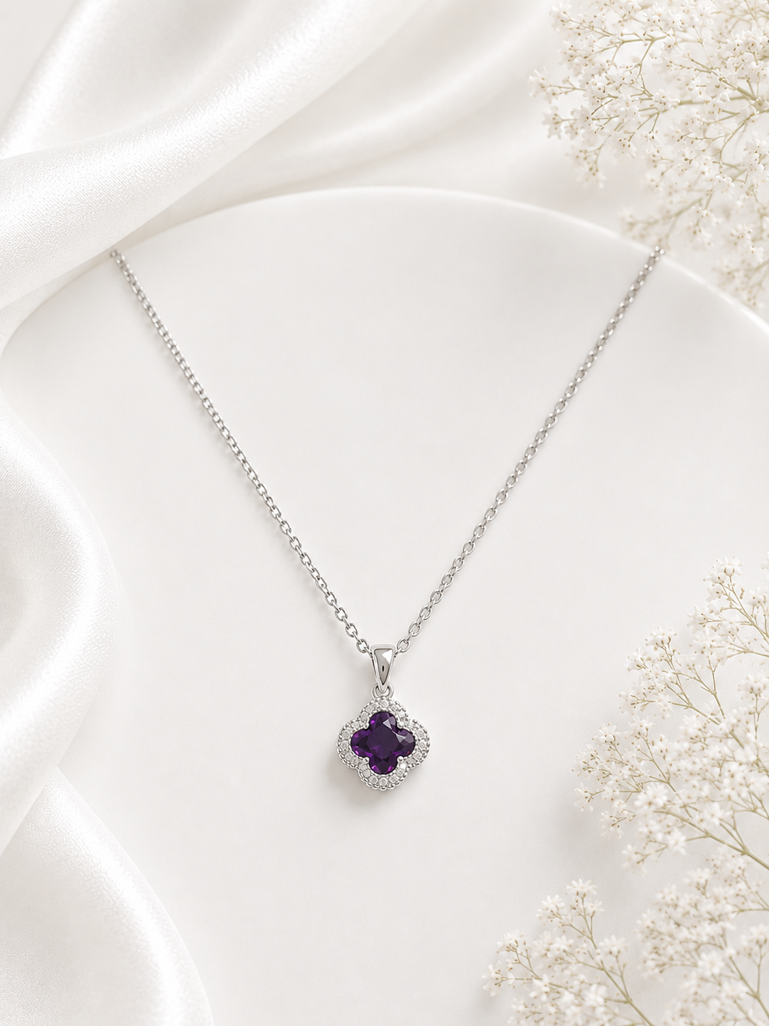 Amethyst Clover Pendant Necklace | Elegant Floral Statement