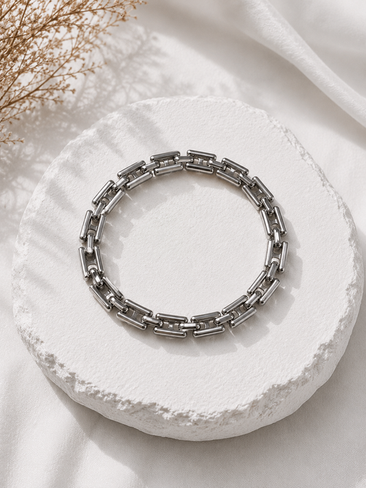 Men's Silver-Tone Architectural Link Bracelet | Modern Industrial Essential