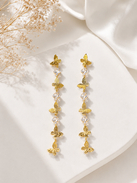 Whimsical Butterfly & Crystal Chain Drop Earrings