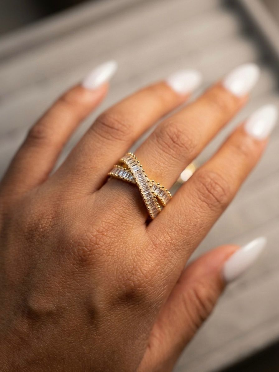 Baguette Stone Crossover Ring | 18K Gold-Plated Stainless Steel