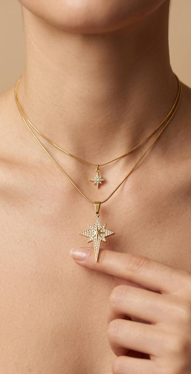 Celestial Star Layered Necklace Set | 18K Gold-Plated Starburst Pendant Jewelry