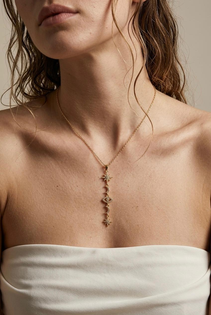 Celestial Harmony Drop Necklace | Evil Eye, Moon & Star Pavé Pendant