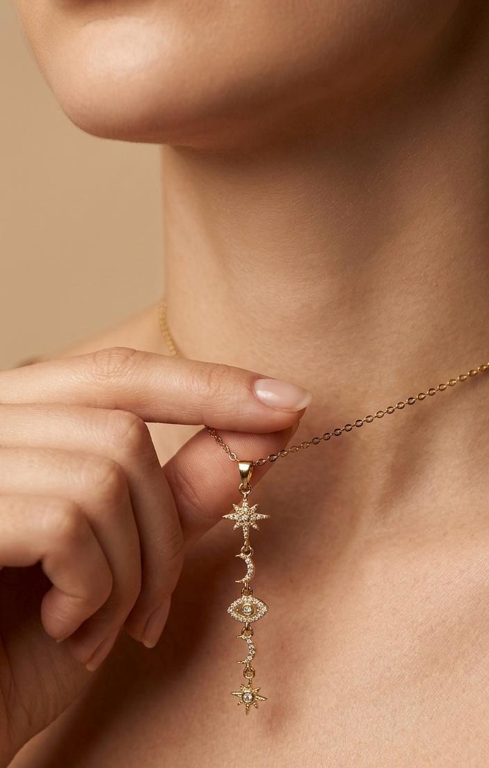 Celestial Harmony Drop Necklace | Evil Eye, Moon & Star Pavé Pendant