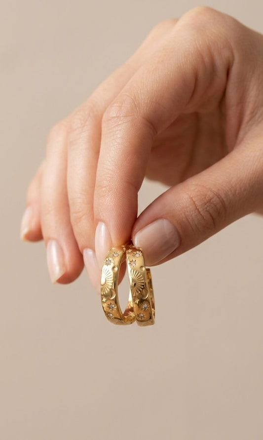 Celestial Sunburst Pavé Hoop Earrings | 18K Gold-Plated Luxury Jewelry