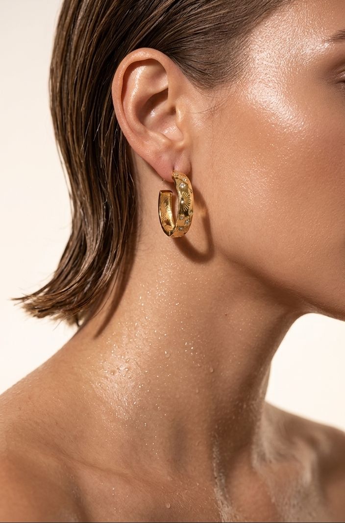 Celestial Sunburst Pavé Hoop Earrings | 18K Gold-Plated Luxury Jewelry