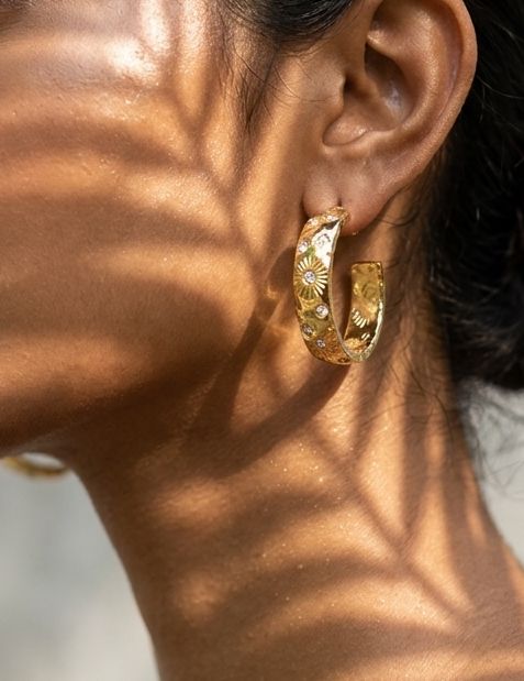 Celestial Sunburst Pavé Hoop Earrings | 18K Gold-Plated Luxury Jewelry