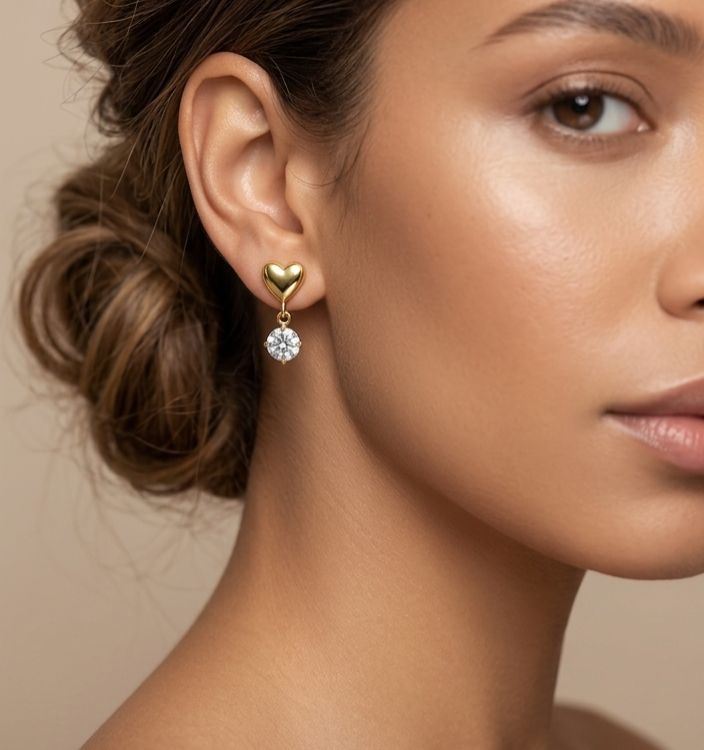 Dainty Heart & Solitaire Drop Earrings | 18K Gold-Plated Minimalist Jewelry