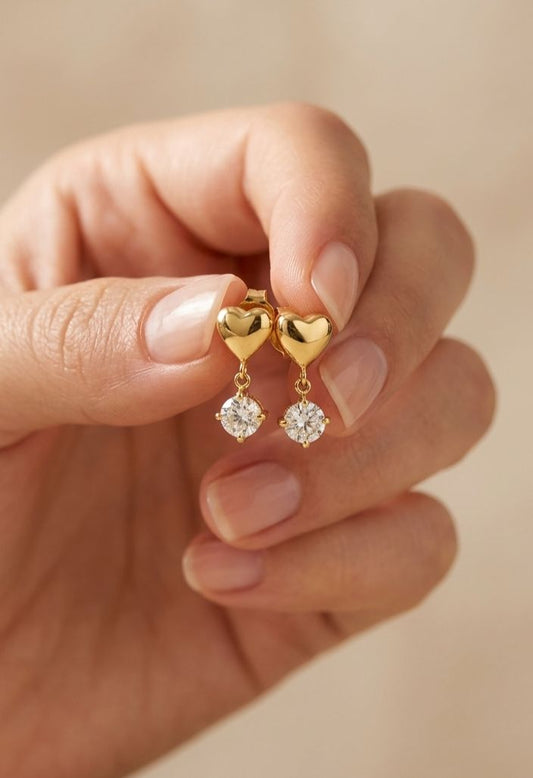Dainty Heart & Solitaire Drop Earrings | 18K Gold-Plated Minimalist Jewelry
