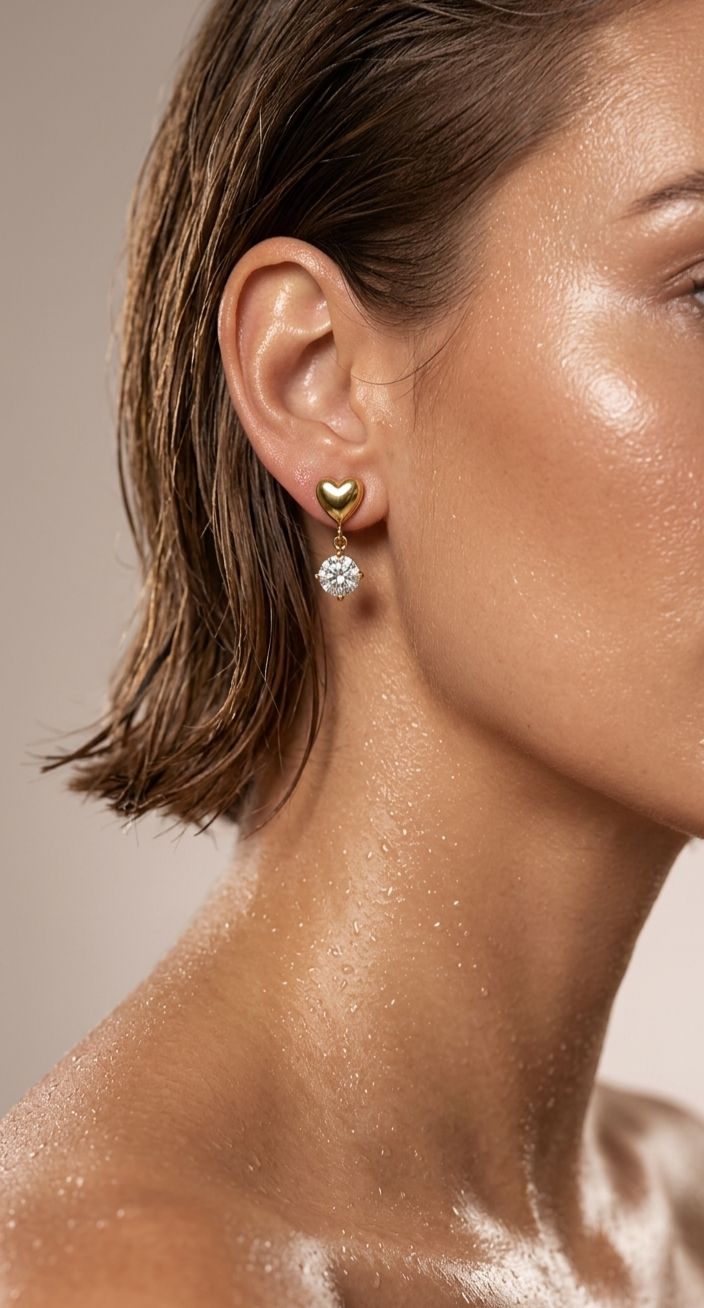 Dainty Heart & Solitaire Drop Earrings | 18K Gold-Plated Minimalist Jewelry